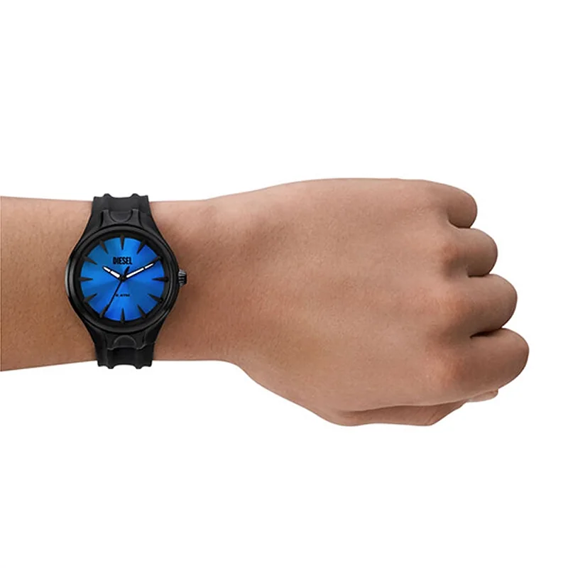 Reloj Diesel analogo, para Hombre, tablero redondo color azul, estilo index, pulso silicona color negro