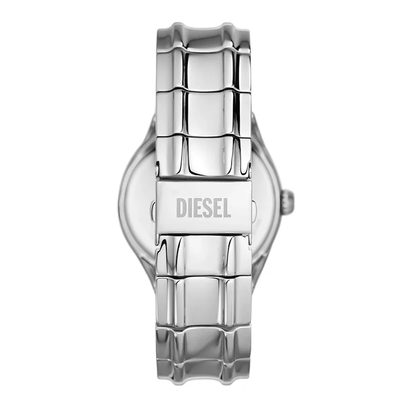 Reloj Diesel analogo, para Hombre, tablero redondo color gris, estilo index, pulso acero color plateado