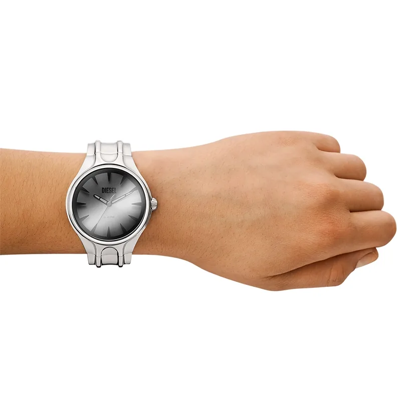 Reloj Diesel analogo, para Hombre, tablero redondo color gris, estilo index, pulso acero color plateado