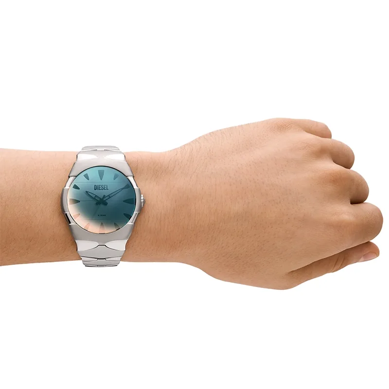 Reloj Diesel analogo, para Hombre, tablero redondo colores azul y negro, estilo index, pulso acero color plateado