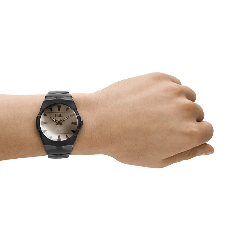 Reloj Diesel analogo, para Hombre, tablero redondo colores gris y negro, estilo index, pulso acero color negro