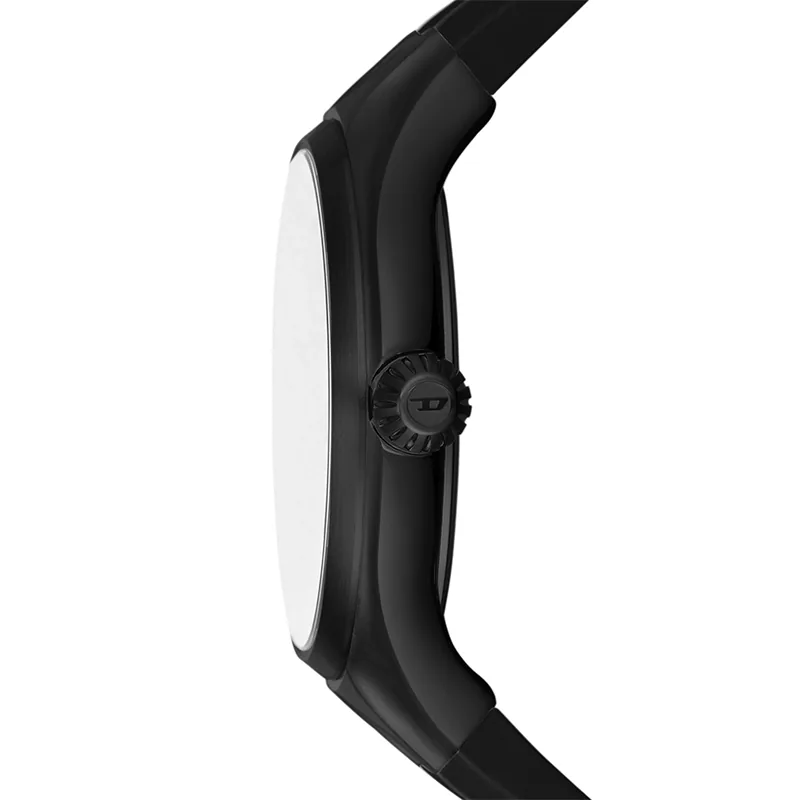 Reloj Diesel analogo, para Hombre, tablero redondo colores negro y dorado, estilo index, pulso silicona color negro
