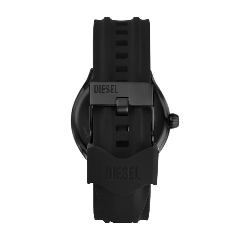 Reloj Diesel analogo, para Hombre, tablero redondo colores negro y dorado, estilo index, pulso silicona color negro