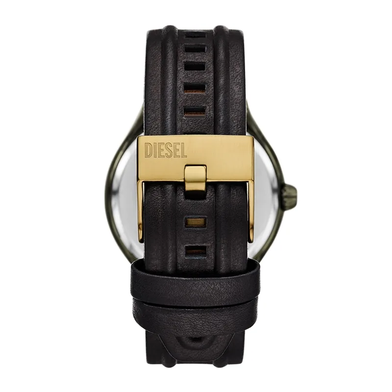 Reloj Diesel analogo, para Hombre, tablero redondo color verde, estilo index, pulso cuero color negro