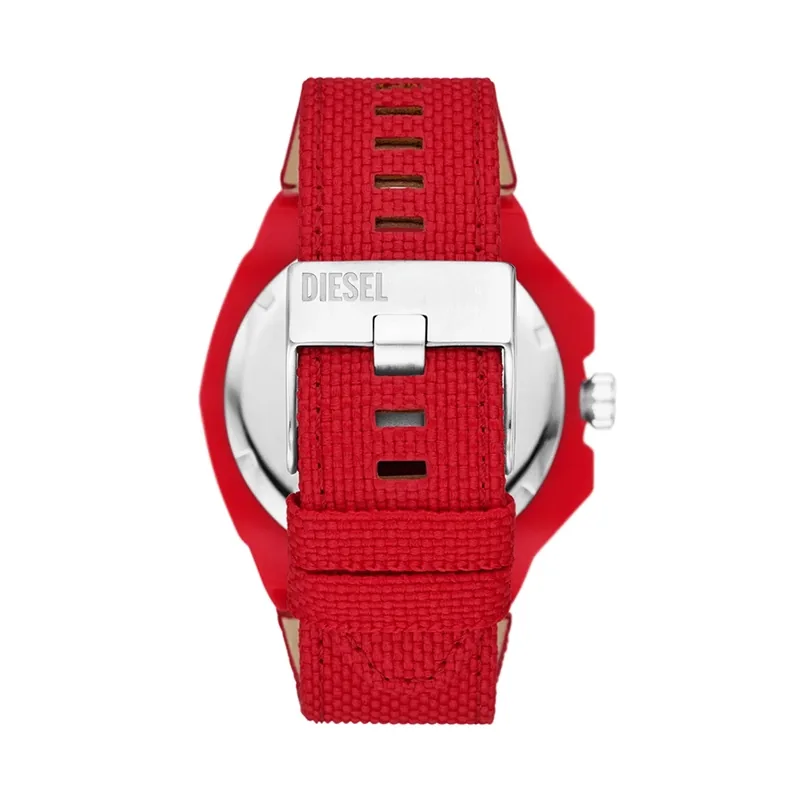 Reloj Diesel analogo, para Hombre, tablero redondo color rojo, estilo index + arabigo, pulso lona color rojo