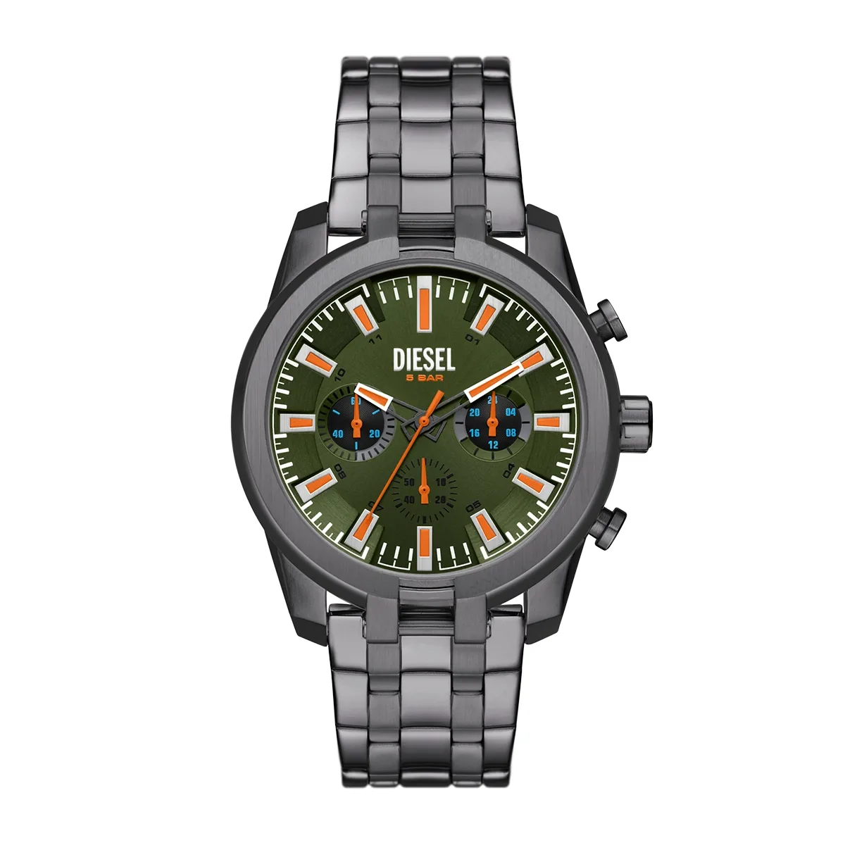 Reloj Diesel analogo, para Hombre, tablero redondo colores verde y naranja, estilo index, pulso acero color gris, cronografo