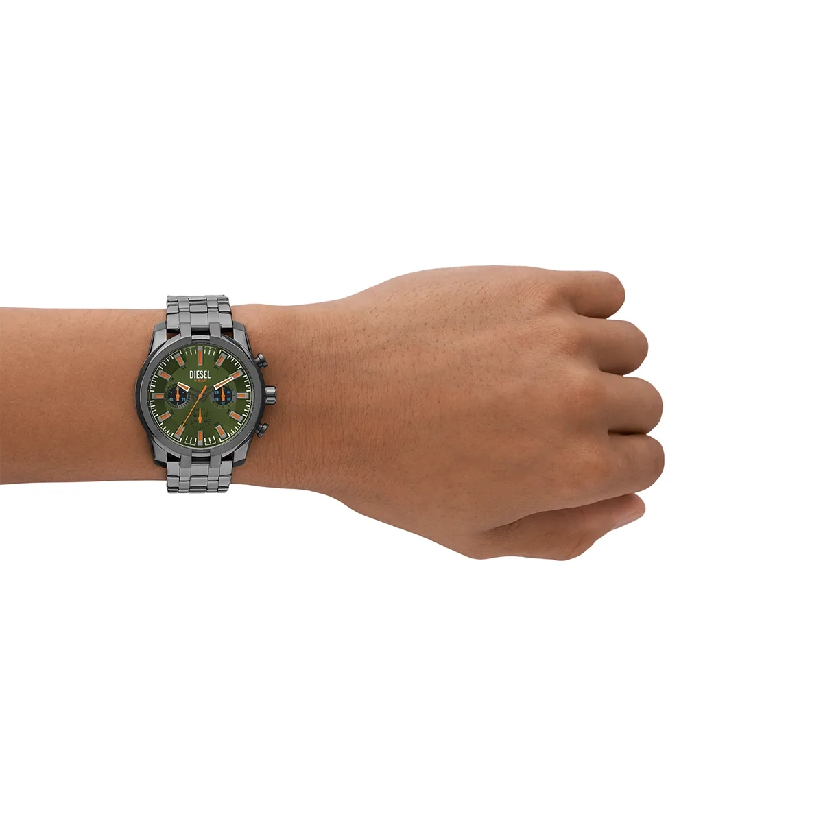 Reloj Diesel analogo, para Hombre, tablero redondo colores verde y naranja, estilo index, pulso acero color gris, cronografo