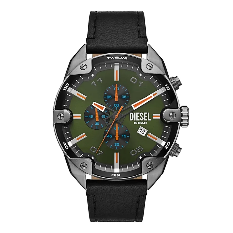 Reloj Diesel analogo, para Hombre, tablero redondo color verde, estilo index + arabigo, pulso cuero color negro, calendario, cronografo