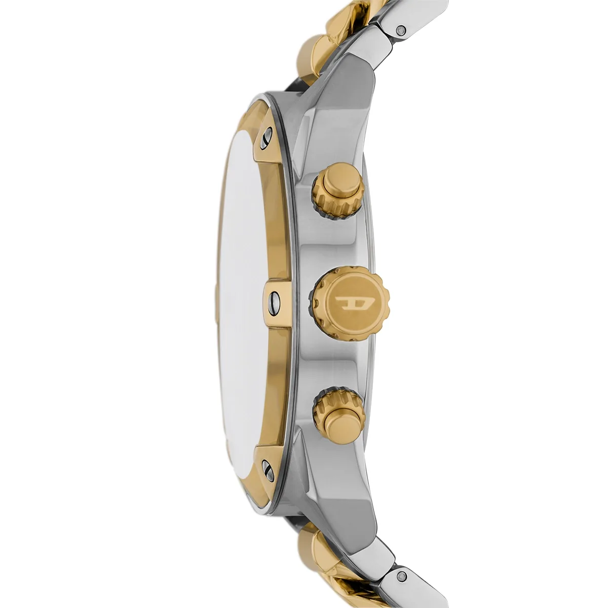 Reloj Diesel analogo, para Hombre, tablero redondo colores plateado y dorado, estilo index + arabigo, pulso acero colores plateado y dorado, calendario, cronografo
