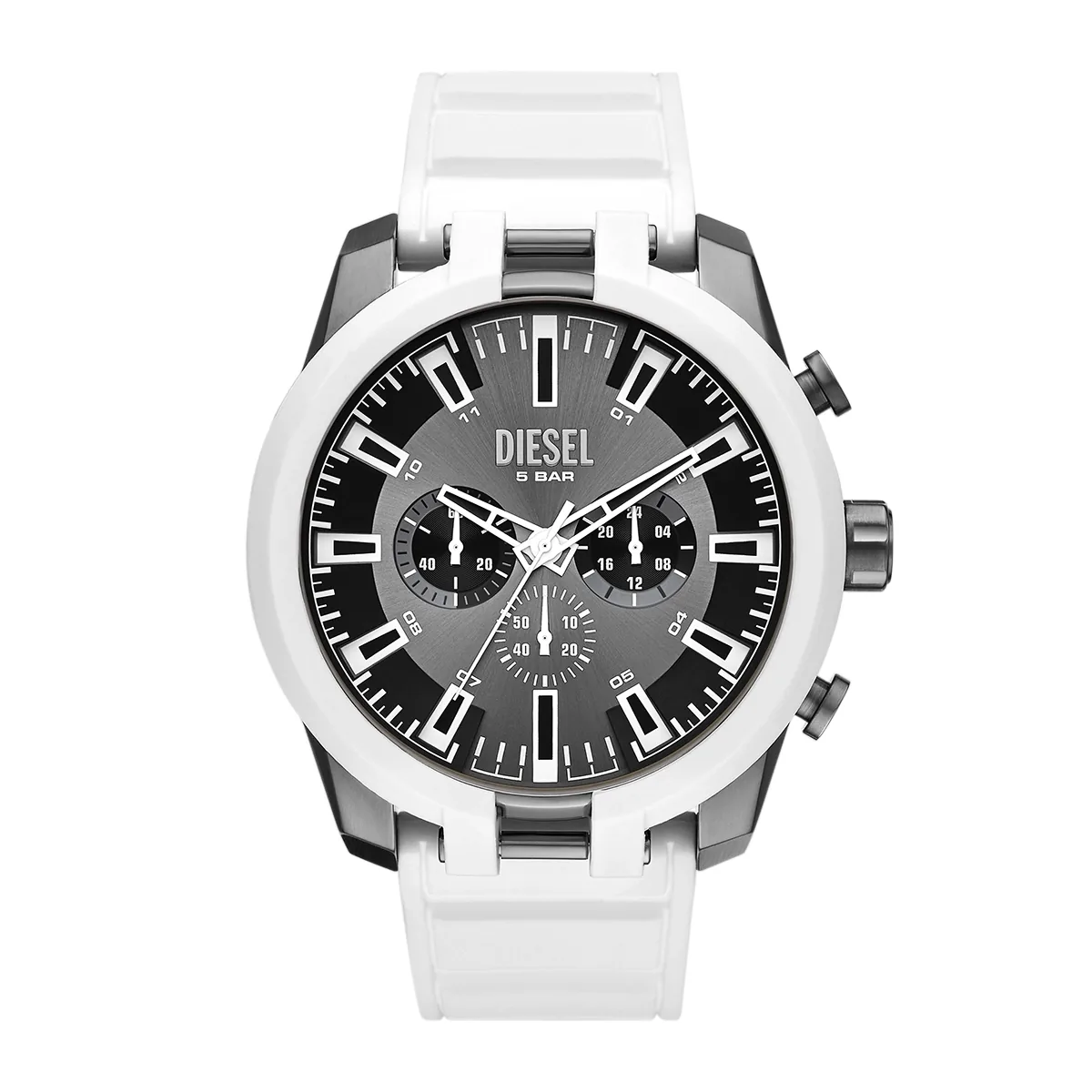 Reloj Diesel analogo, para Hombre, tablero redondo color gris, estilo index, pulso silicona color blanco, calendario, cronografo