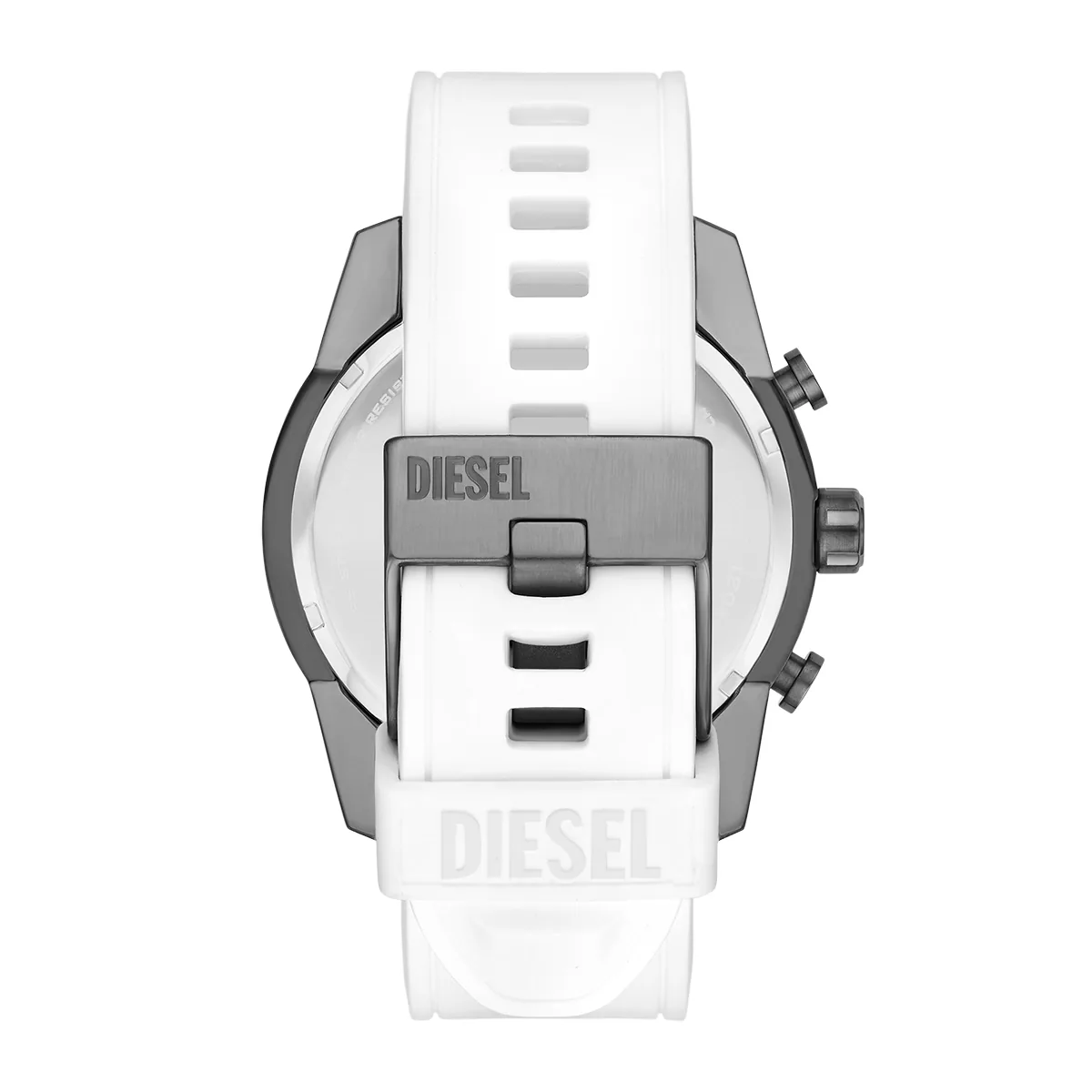 Reloj Diesel analogo, para Hombre, tablero redondo color gris, estilo index, pulso silicona color blanco, calendario, cronografo