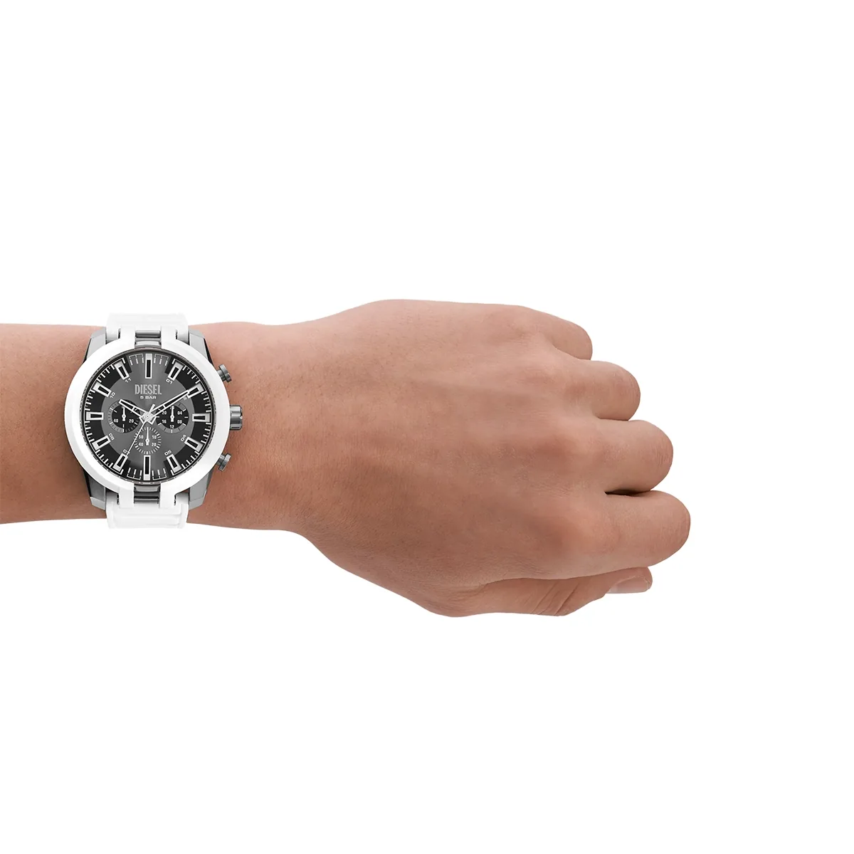 Reloj Diesel analogo, para Hombre, tablero redondo color gris, estilo index, pulso silicona color blanco, calendario, cronografo