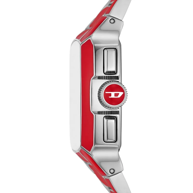 Reloj Diesel analogo, para Hombre, tablero cuadrado colores plateado y rojo, estilo index + arabigo, pulso acero colores rojo y plateado, calendario