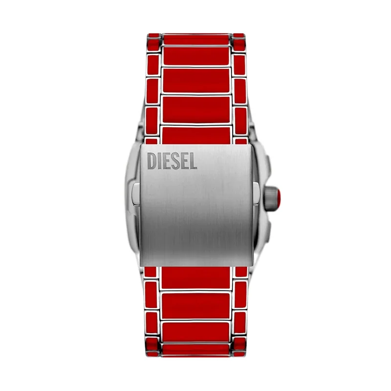 Reloj Diesel analogo, para Hombre, tablero cuadrado colores plateado y rojo, estilo index + arabigo, pulso acero colores rojo y plateado, calendario