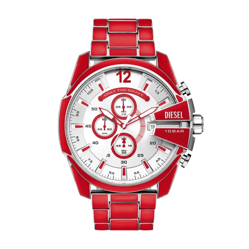 Reloj Diesel analogo, para Hombre, tablero redondo colores plateado y rojo, estilo index + arabigo, pulso acero colores rojo y plateado, calendario, cronografo