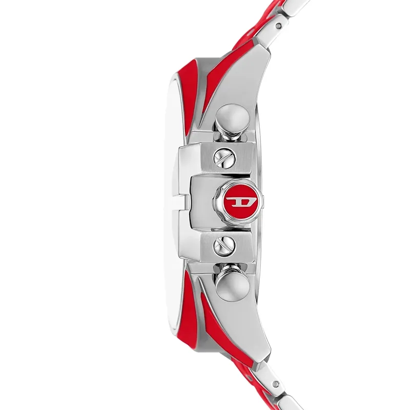 Reloj Diesel analogo, para Hombre, tablero redondo colores plateado y rojo, estilo index + arabigo, pulso acero colores rojo y plateado, calendario, cronografo