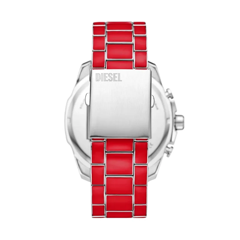 Reloj Diesel analogo, para Hombre, tablero redondo colores plateado y rojo, estilo index + arabigo, pulso acero colores rojo y plateado, calendario, cronografo