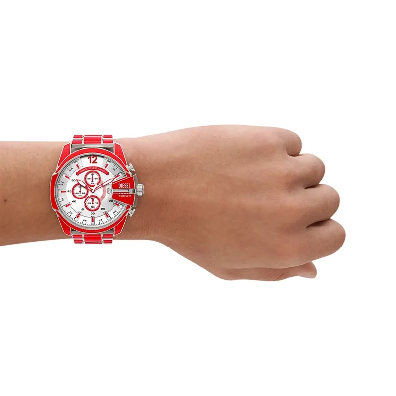 Reloj Diesel analogo, para Hombre, tablero redondo colores plateado y rojo, estilo index + arabigo, pulso acero colores rojo y plateado, calendario, cronografo