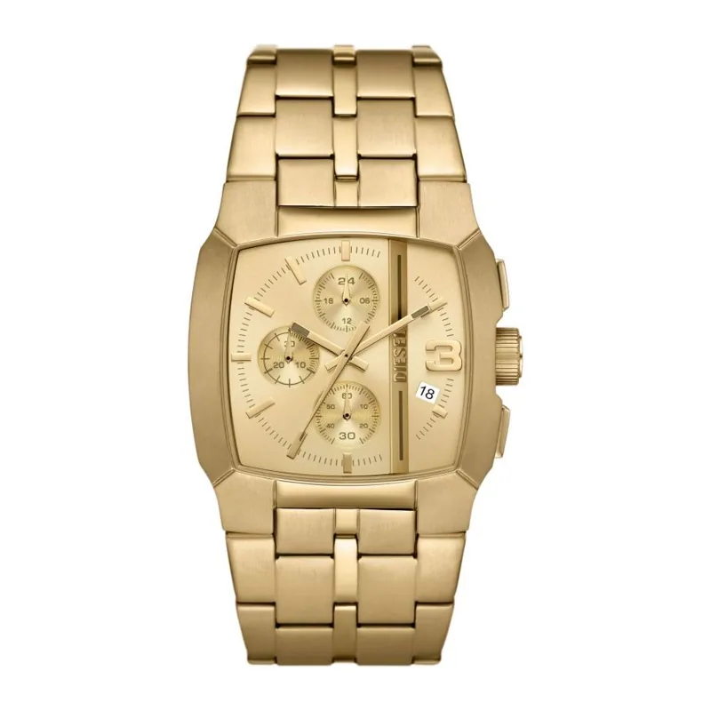 Reloj Diesel analogo, para Hombre, tablero cuadrado color dorado, estilo index + arabigo, pulso acero color dorado, calendario