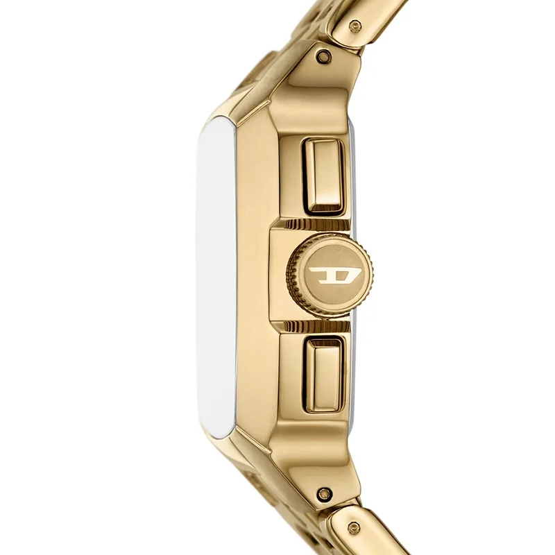 Reloj Diesel analogo, para Hombre, tablero cuadrado color dorado, estilo index + arabigo, pulso acero color dorado, calendario