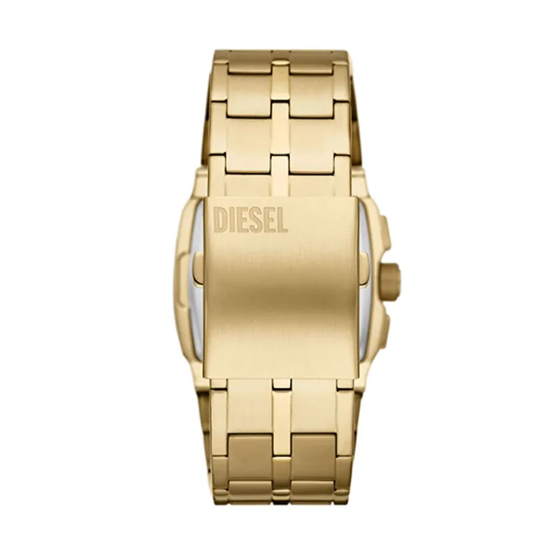 Reloj Diesel analogo, para Hombre, tablero cuadrado color dorado, estilo index + arabigo, pulso acero color dorado, calendario