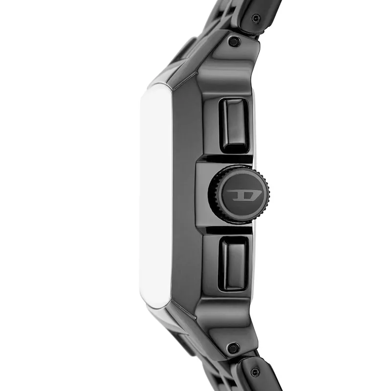 Reloj Diesel analogo, para Hombre, tablero cuadrado color negro, estilo index + arabigo, pulso acero color negro, calendario