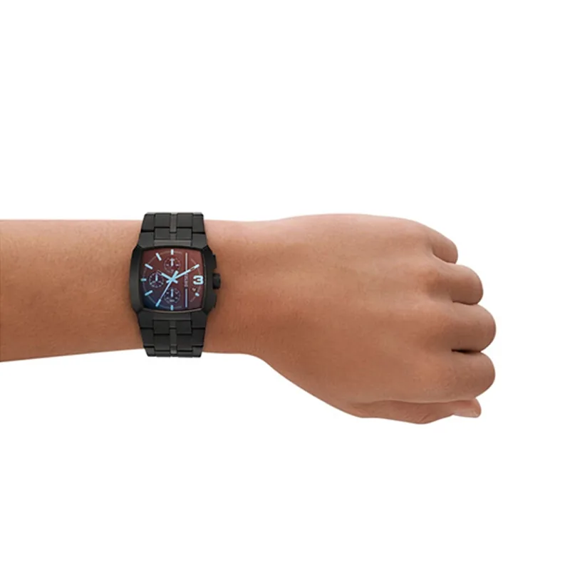 Reloj Diesel analogo, para Hombre, tablero cuadrado color negro, estilo index + arabigo, pulso acero color negro, calendario