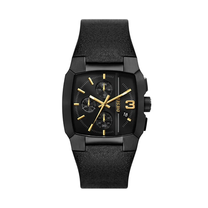 Reloj Diesel analogo, para Hombre, tablero cuadrado colores negro y dorado, estilo index + arabigo, pulso cuero color negro, calendario, cronografo