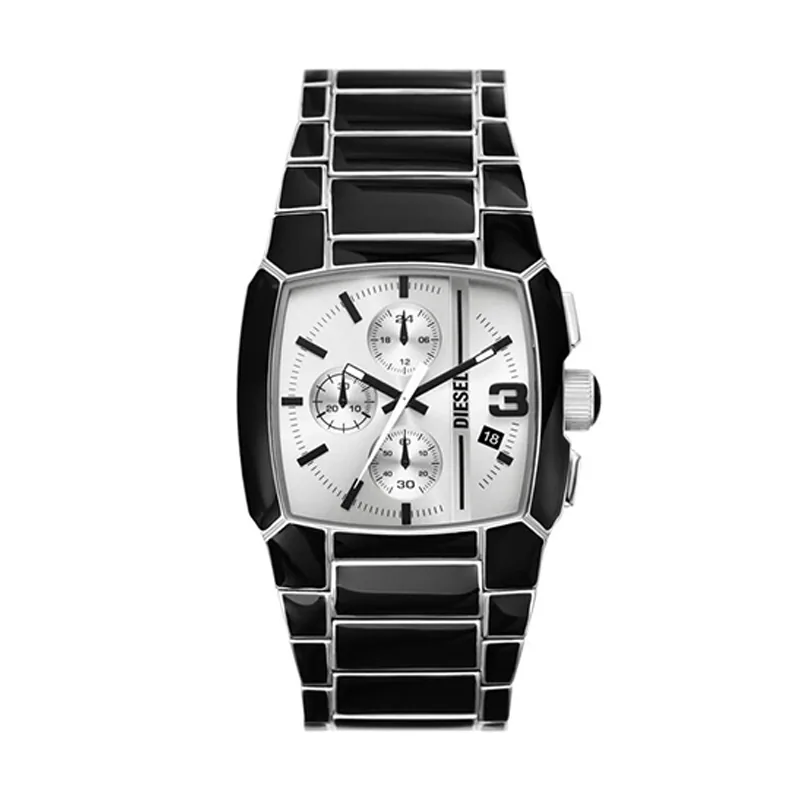 Reloj Diesel analogo, para Hombre, tablero cuadrado color plateado, estilo index + arabigo, pulso acero colores negro y plateado, calendario, cronografo