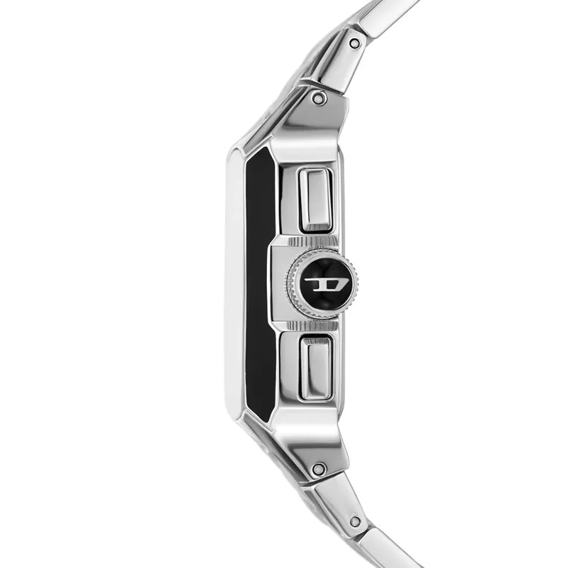 Reloj Diesel analogo, para Hombre, tablero cuadrado color plateado, estilo index + arabigo, pulso acero colores negro y plateado, calendario, cronografo