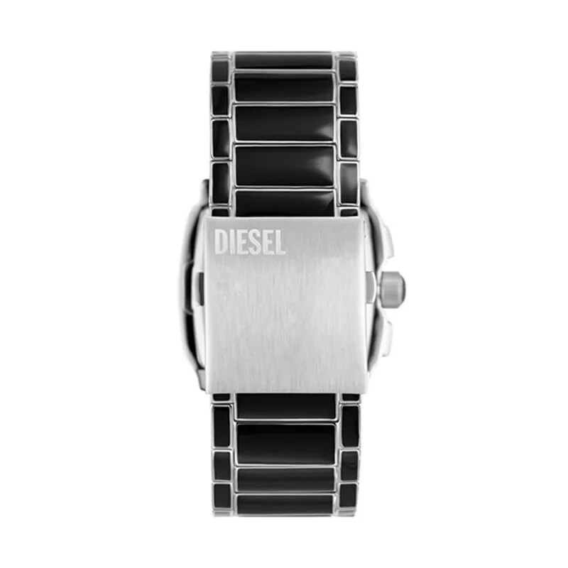 Reloj Diesel analogo, para Hombre, tablero cuadrado color plateado, estilo index + arabigo, pulso acero colores negro y plateado, calendario, cronografo