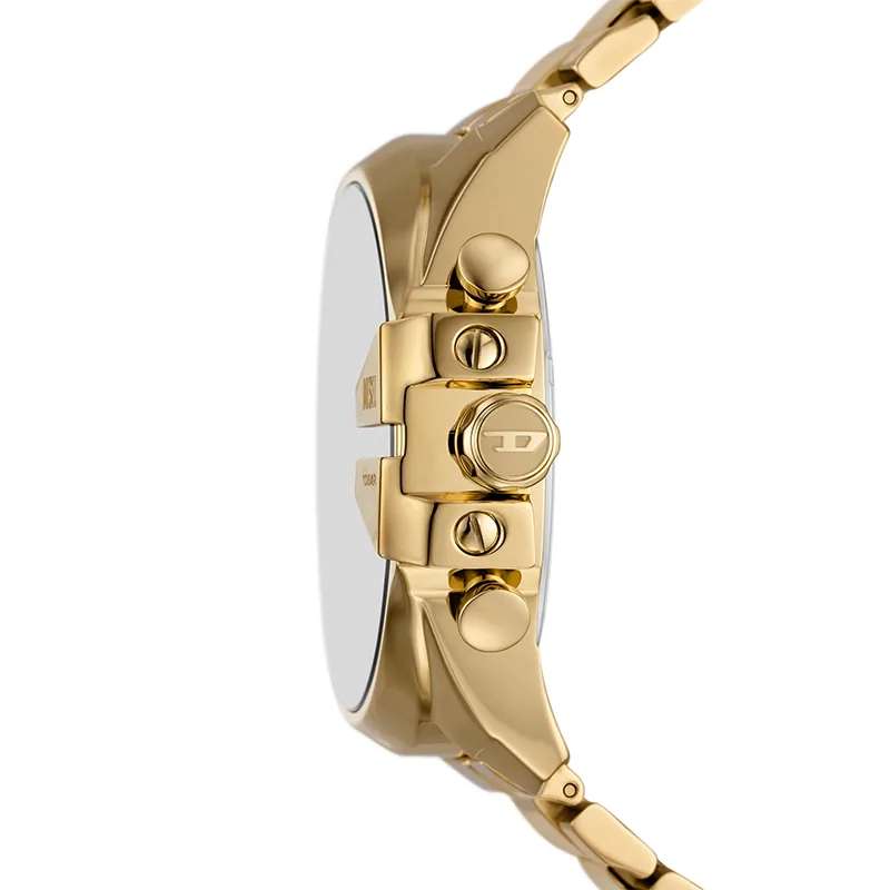 Reloj Diesel analogo, para Hombre, tablero redondo color dorado, estilo index + arabigo, pulso acero color dorado, calendario, cronografo