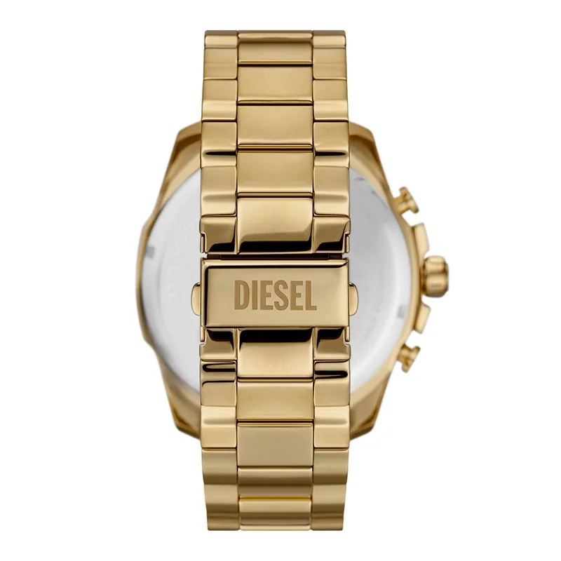 Reloj Diesel analogo, para Hombre, tablero redondo color dorado, estilo index + arabigo, pulso acero color dorado, calendario, cronografo