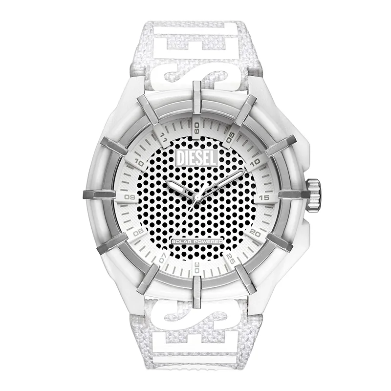 Reloj Diesel analogo, para Hombre, tablero redondo colores blanco y negro, estilo index + arabigo, pulso lona color blanco