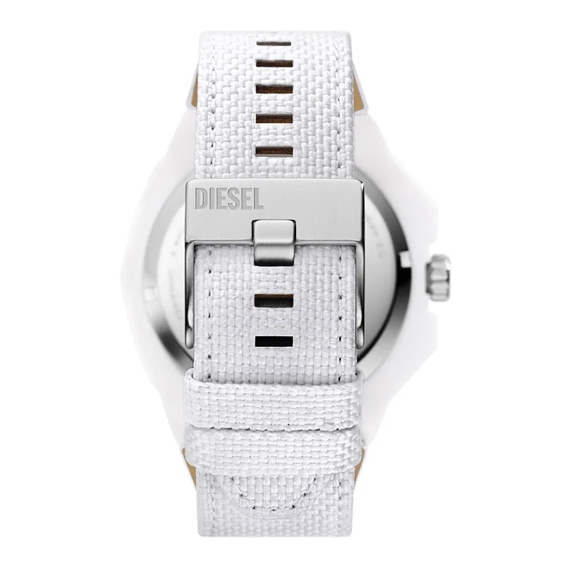 Reloj Diesel analogo, para Hombre, tablero redondo colores blanco y negro, estilo index + arabigo, pulso lona color blanco