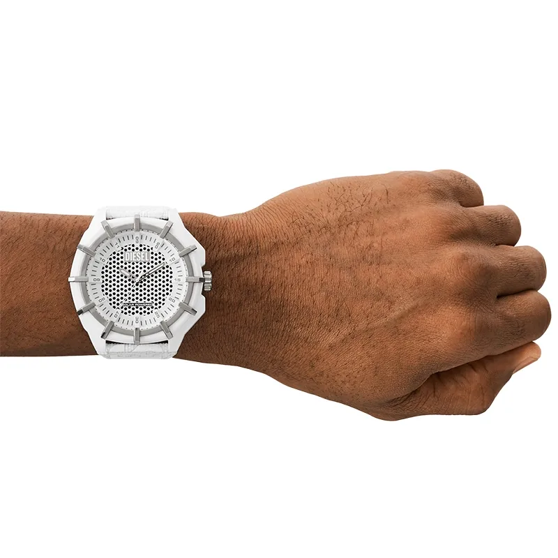 Reloj Diesel analogo, para Hombre, tablero redondo colores blanco y negro, estilo index + arabigo, pulso lona color blanco