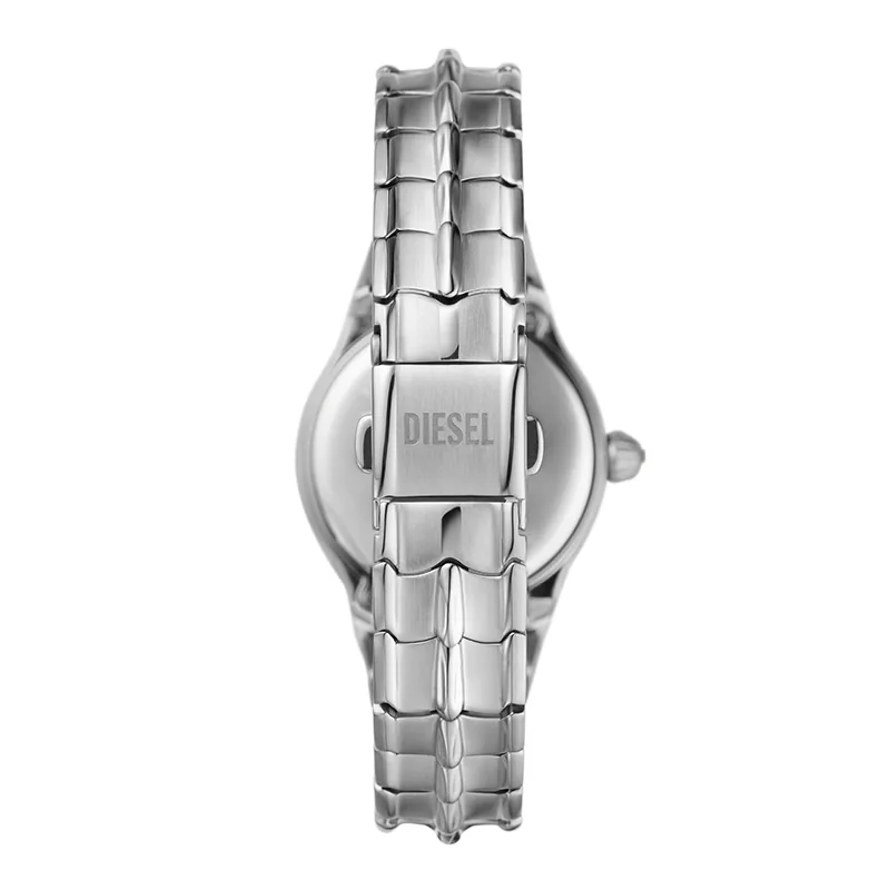 Reloj Diesel analogo, para Dama, tablero redondo color plateado, estilo index, pulso acero color plateado