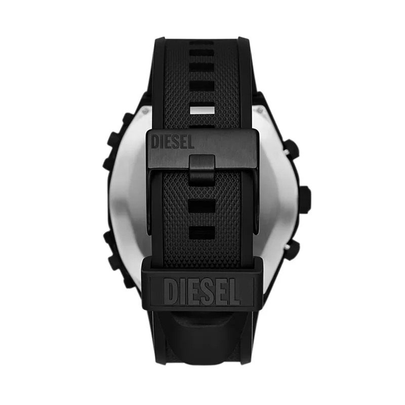 Reloj Diesel analogo, para Hombre, tablero redondo color negro, estilo index, pulso silicona color negro, calendario, cronografo