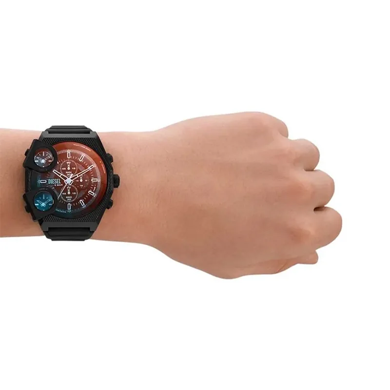 Reloj Diesel analogo, para Hombre, tablero redondo color negro, estilo index, pulso silicona color negro, calendario, cronografo