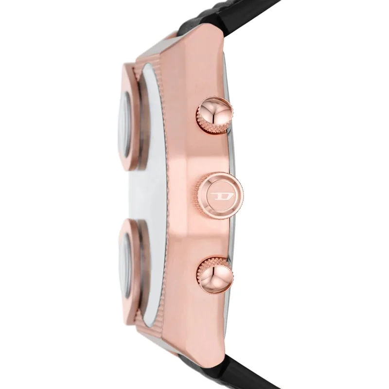Reloj Diesel analogo, para Hombre, tablero redondo colores negro y rosa, estilo index, pulso cuero color negro, calendario, cronografo