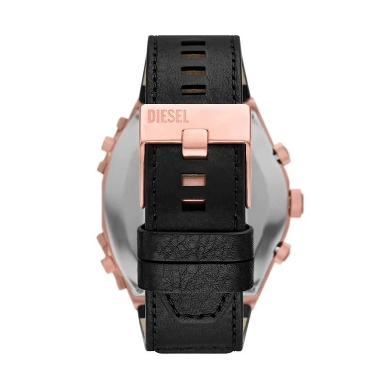 Reloj Diesel analogo, para Hombre, tablero redondo colores negro y rosa, estilo index, pulso cuero color negro, calendario, cronografo