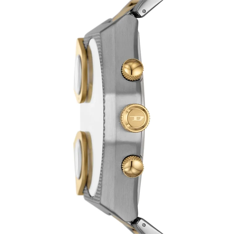 Reloj Diesel analogo, para Hombre, tablero redondo color negro, estilo index, pulso acero colores plateado y dorado, calendario, cronografo