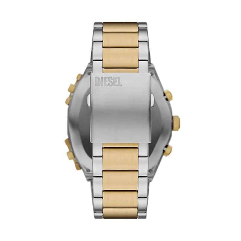 Reloj Diesel analogo, para Hombre, tablero redondo color negro, estilo index, pulso acero colores plateado y dorado, calendario, cronografo