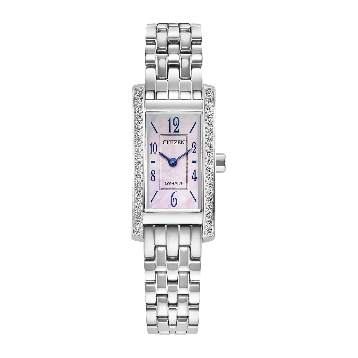 Reloj Citizen análogo, para Dama, tablero rectangular color blanco, estilo index + arábigo, pulso acero color plateado