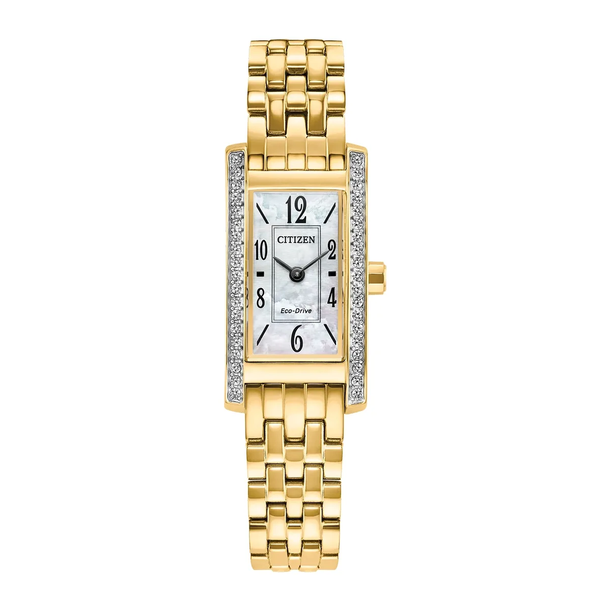 Reloj Citizen análogo, para Dama, tablero rectangular color blanco, estilo index + arábigo, pulso acero color dorado