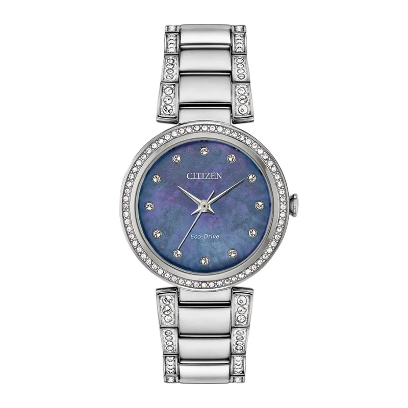 Reloj Citizen analogo, para Dama, tablero redondo color azul, estilo puntos, pulso acero color plateado