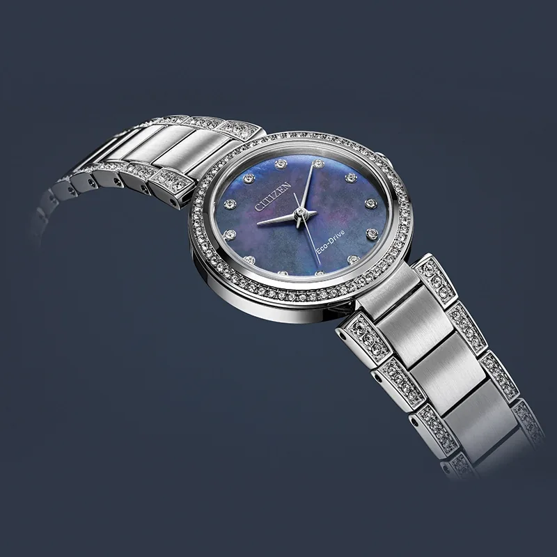 Reloj Citizen analogo, para Dama, tablero redondo color azul, estilo puntos, pulso acero color plateado