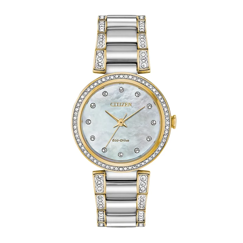 Reloj Citizen analogo, para Dama, tablero redondo color blanco, estilo puntos, pulso acero colores plateado y dorado