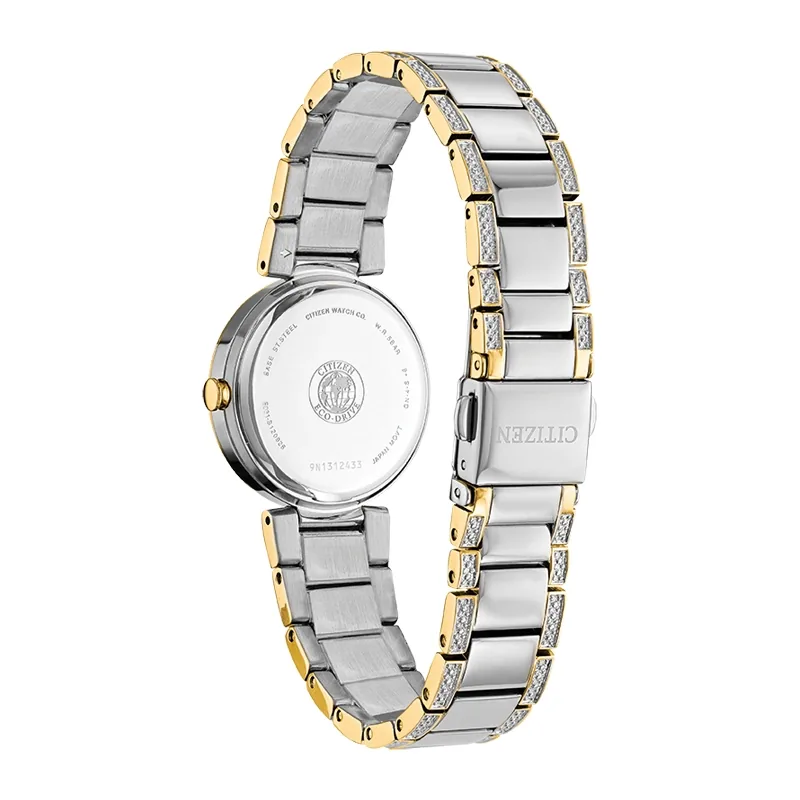 Reloj Citizen analogo, para Dama, tablero redondo color blanco, estilo puntos, pulso acero colores plateado y dorado