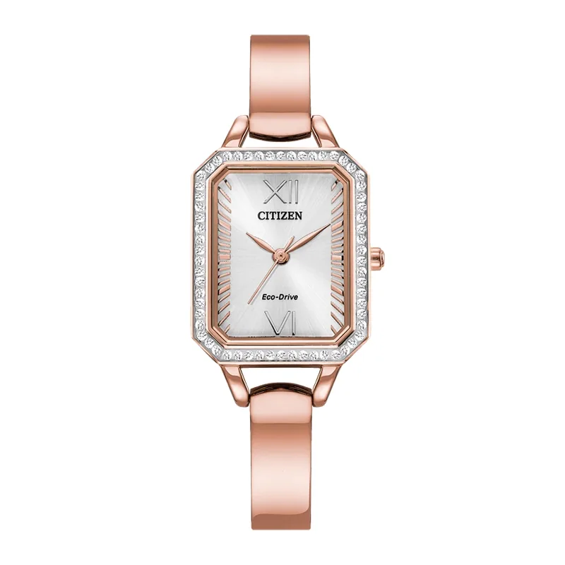 Reloj Citizen análogo, para Dama, tablero rectangular color plateado, estilo romanos, pulso acero color rosa